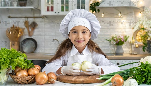 AI generated, human, humans, person, persons, child, children, 8 year old girl cutting onions in a