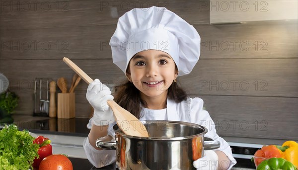 AI generated, human, humans, person, persons, child, children, 8 year old girl cooking a vegetable