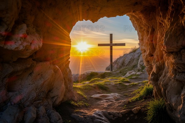 Easter concept cross on Golgotha Calvary hill against a dramatic sunset seen from open tomb of