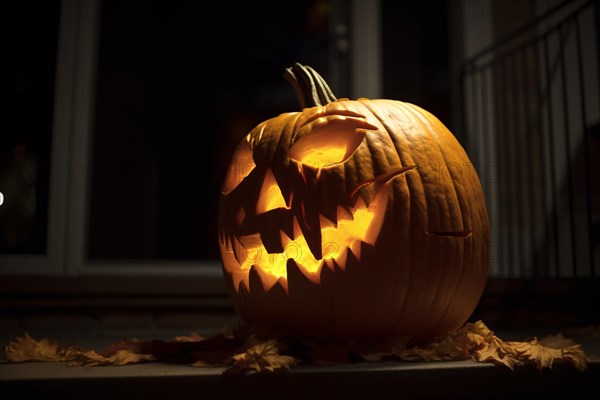 Scary carved Halloween pumpkin with spooky face and candle inside. KI generiert, generiert AI