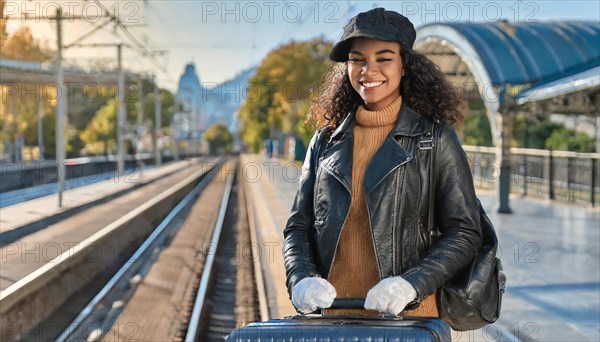 AI generated, A young blonde woman wants to travel and waits for the train at the station, 20, 25,