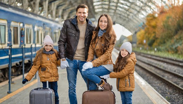 AI generated, A young family wants to travel and waits in the station for the train, 30, 35, years,
