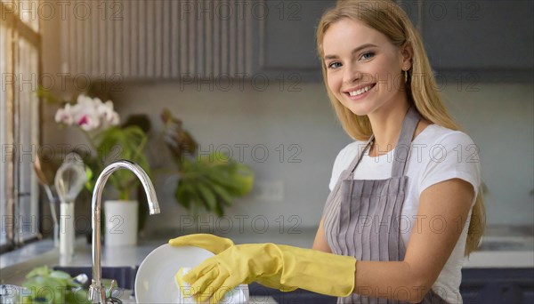 AI generated, woman, woman, 30, 35, blonde, blond, blonde, kitchen, sink, kitchen table, dishes,