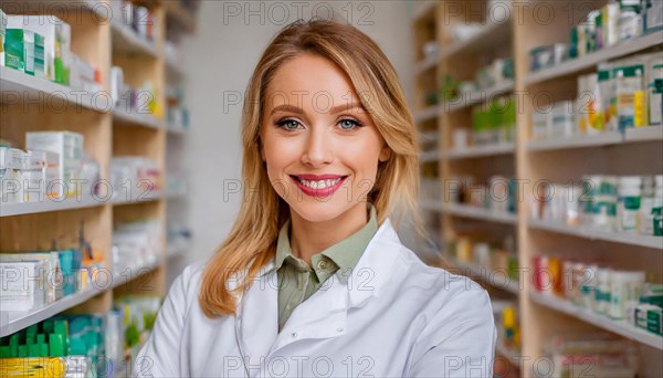 AI generated, A young pharmacist in her pharmacy, portrait, 30, 35, years, female, blonde, blond,