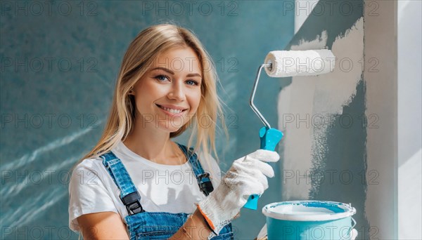 AI generated, woman, woman, a young girl paints a wall with new paint, white, whiter, white,