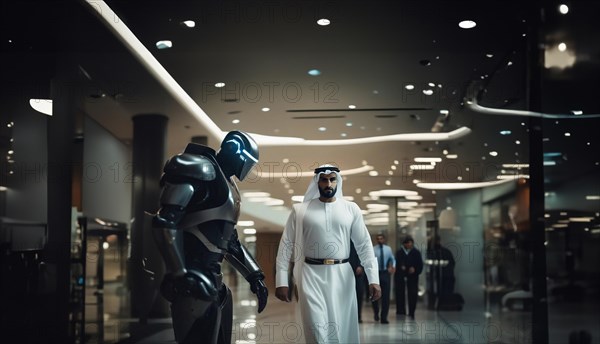 Robot bodyguard assistant to a businessman, personal security guard of a businessman, AI generated