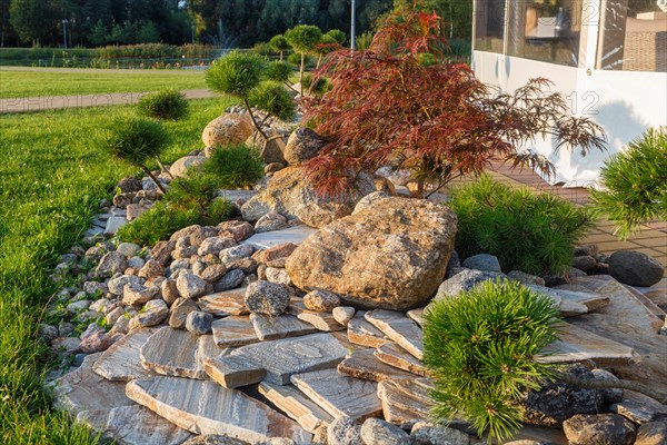 Elements of modern landscaping near restaurants. Druskininkai. Lithuania. Ornamental stone,