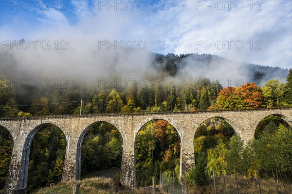 Railway bridge in the Ravenna Gorge, Hoellental in autumn, near Freiburg im Breisgau, Black Forest,