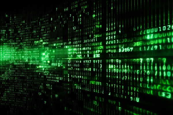 Green dynamic digital data streams, showcasing flowing lines of code in a mesmerizing pattern,
