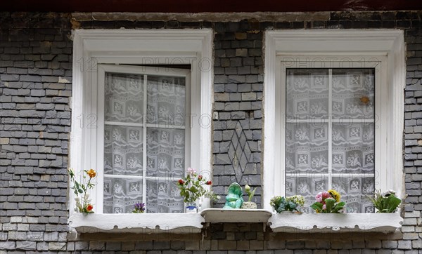 Slate-clad house facade, two windows and decoration made of artificial flowers, historic old town,