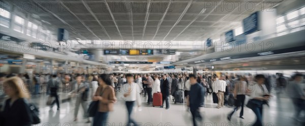 Busy airport scene with motion blur showing hurried travelers and modern architecture, horizontal