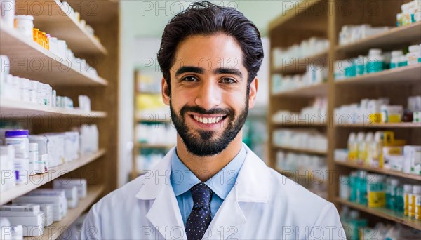 AI generated, A young pharmacist in his pharmacy, portrait, 30, 35, years, man, men, male, bearded,