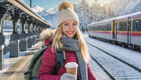 AI generated, A young blonde woman wants to travel and waits for the train at the station, 20, 25,