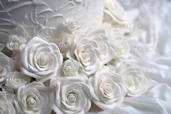 Close up of white sugar roses on wedding cake. KI generiert, generiert AI generated