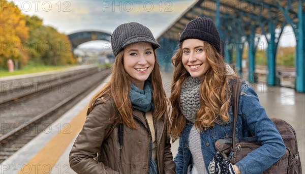 AI generated, Two young blonde woman want to travel and wait in the station for the train, 18,