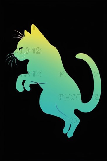 Simple art of a cat's jumping silhouette with a gradient from green to teal, minimalist vintage
