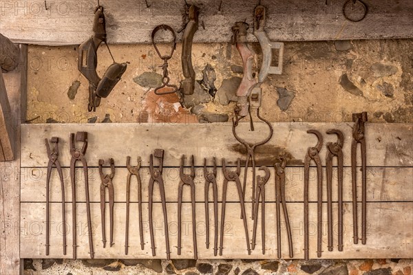 Rusty tongs and tools, blacksmith's forge, blacksmith, inner courtyard, Ronneburg Castle, medieval