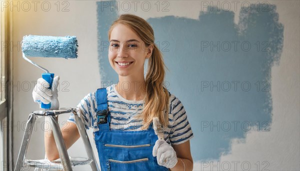 AI generated, woman, woman, a young girl paints a wall with new paint, blue, light blue, blue,