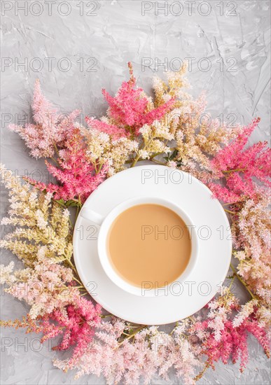 Pink and red astilbe flowers and a cup of coffee on a gray concrete background. Morninig, spring,