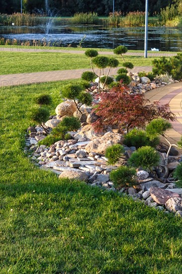 Elements of modern landscaping near restaurants. Druskininkai. Lithuania. Ornamental stone,