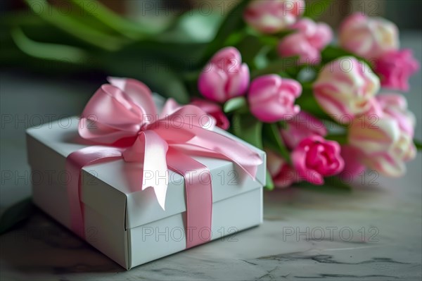 Gift Box with Pink Ribbon Beside bouquet of Fresh Tulips. Background for Valentine day, March 8,