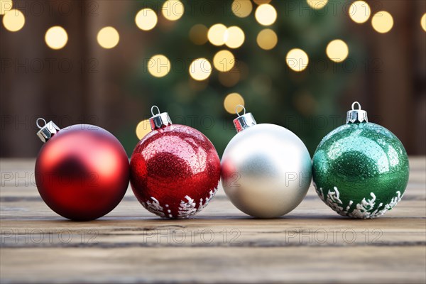 Red, white and green Christmas tree baubles on wooden table with bokeh lights in background. KI