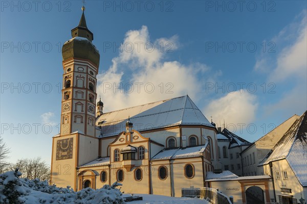 Andechs Monastery in winter, sunset, Fuenfseenland, Pfaffenwinkel, Upper Bavaria, Bavaria, Germany,