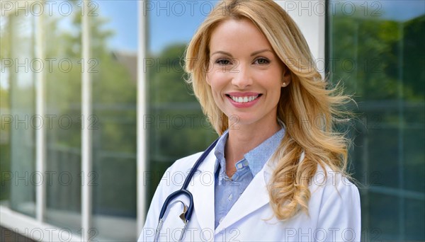AI generated, A young pharmacist in her pharmacy, portrait, 30, 35, years, female, blonde, blond,