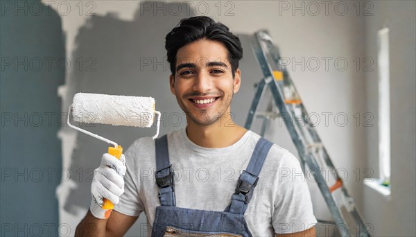 AI generated, man, men, a painter paints a wall with new white paint, father, renovation of old