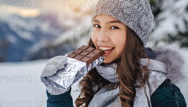 KI generated, Young girl, 15, years, eating a bar of chocolate, one person, outdoor shot, ice,
