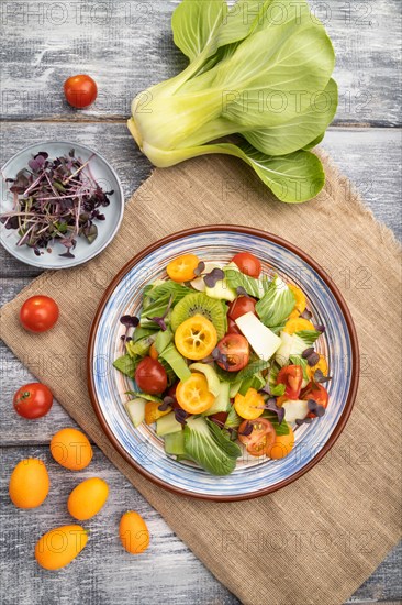 Vegetarian salad of pac choi cabbage, kiwi, tomatoes, kumquat, microgreen sprouts on gray wooden