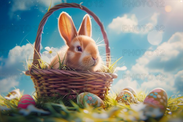 Cute Easter bunny sits beside a basket filled with colorful, decorated eggs amidst a vibrant green