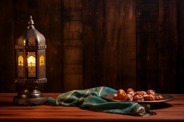 Ramadan lantern with a plate of succulent figs on dark background, set on an ornate table with