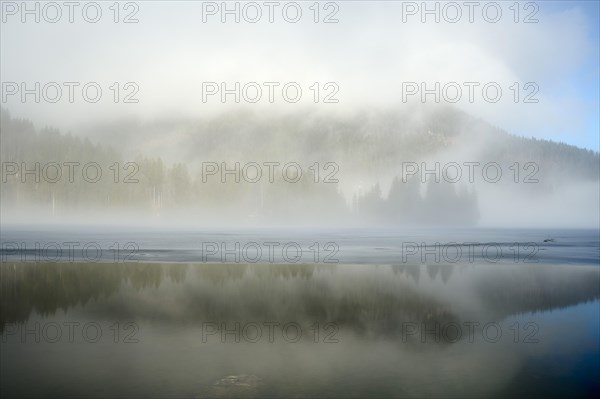 Spitzingsee in winter, ice, Brecherspitze in clouds, Mangfall mountains, Bavarian Prealps, Upper