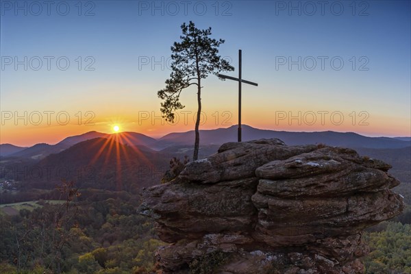 Sunrise on the Roetzenfelsen in the Palatinate Forest with bright sunshine and the lone pine tree