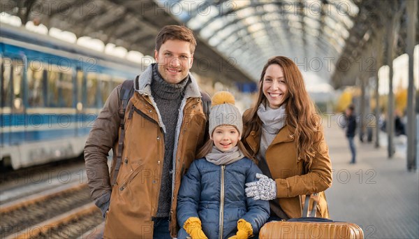 AI generated, A young family wants to travel and waits in the station for the train, 30, 35, years,
