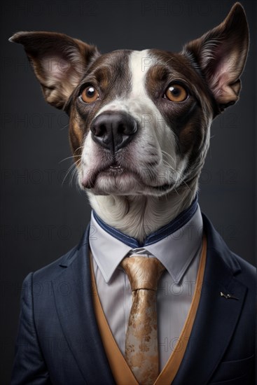 A dog in a formal suit and tie portrays a humorous anthropomorphic character, over grey solid