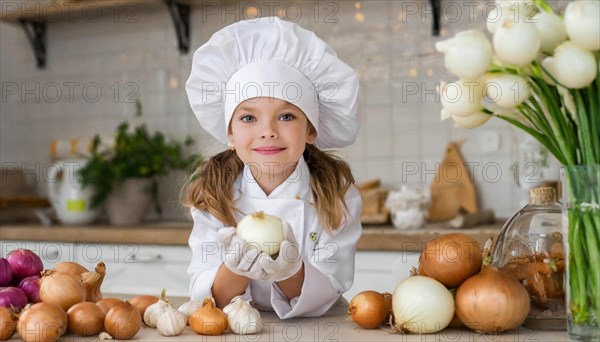 AI generated, human, humans, person, persons, child, children, 8 year old girl cutting onions in a