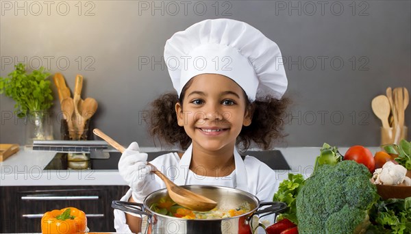 AI generated, human, humans, person, persons, child, children, 8 year old girl cooking a vegetable