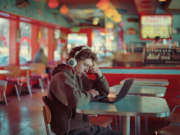 A young man with headphones is focused on his laptop in a colorful retro diner, boy with headphones