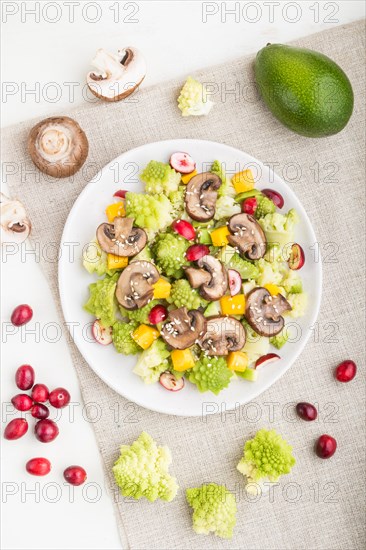 Vegetarian salad from romanesco cabbage, champignons, cranberry, avocado and pumpkin on a white