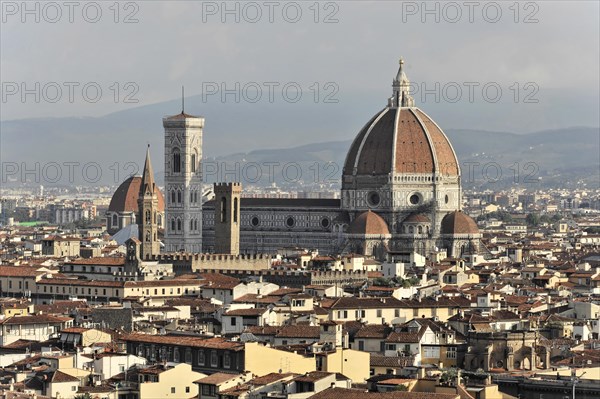 City panorama with Santa Maria del Fiore Cathedral, view from Monte alle Croci, Florence, Tuscany,