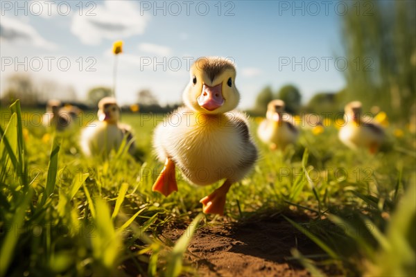 A close-up of a cute duckling standing in a sunlit meadow, with other ducklings and wildflowers in