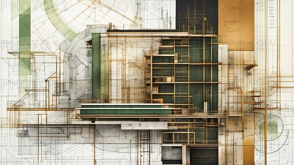 Technical illustration of a modern building with green and beige overlay palette, horizontal aspect