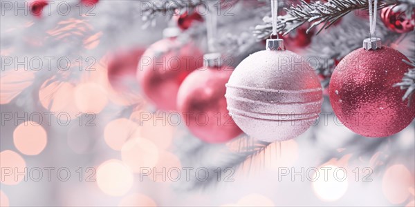 Beautiful frosted pink and silver Christmas tree baubles on tree with snow. KI generiert, generiert