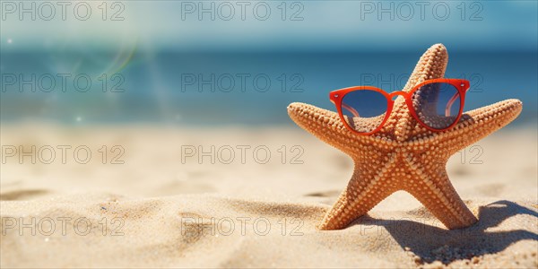 Banner with funny starfish with red sunglasses on sandy beach with ocean in background. KI