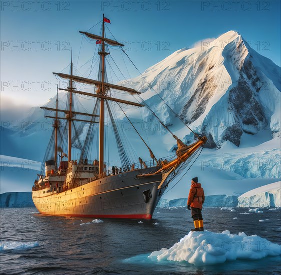 The research vessel of a polar expedition anchors off the snow-covered coast of Antarctica,