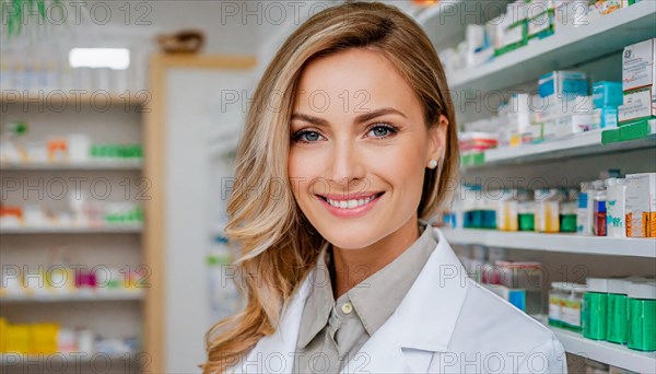 AI generated, A young pharmacist in her pharmacy, portrait, 30, 35, years, female, blonde, blond,
