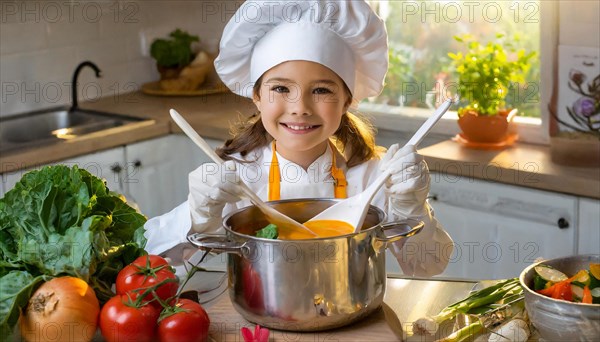 AI generated, human, humans, person, persons, child, children, 8 year old girl cooking a vegetable