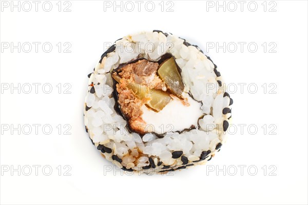 Japanese maki sushi rolls with salmon, sesame, cucumber isolated on white background. Top view,